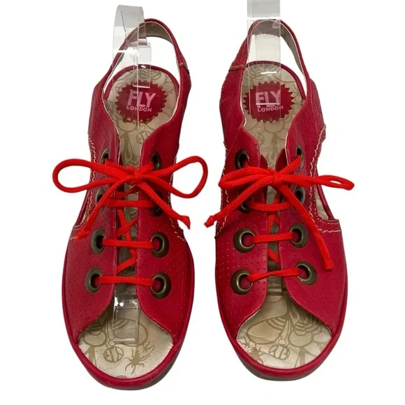 Fly London Ylfa Red Leather Lace Up Peep Toe Wedge Sandals Womens 40